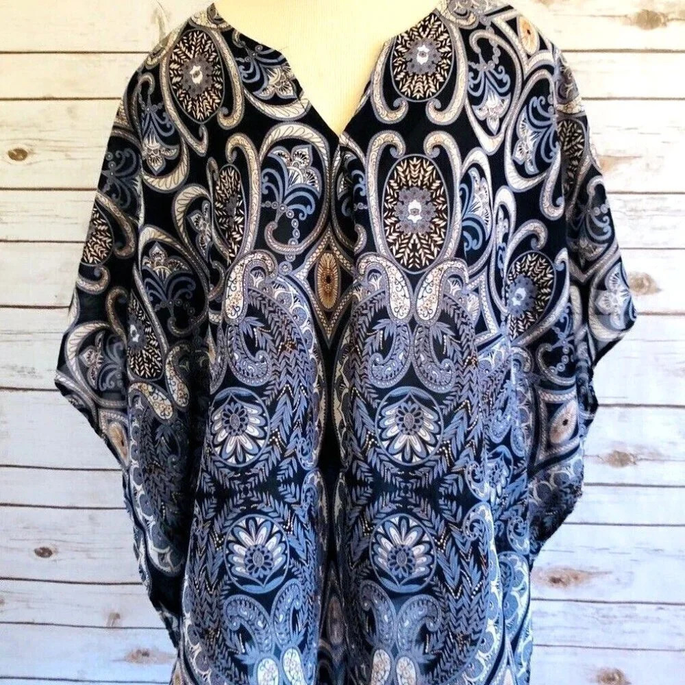 TRAMP Women Batwing Short Sleeve Pullover V-Neck Paisley Shirt Top